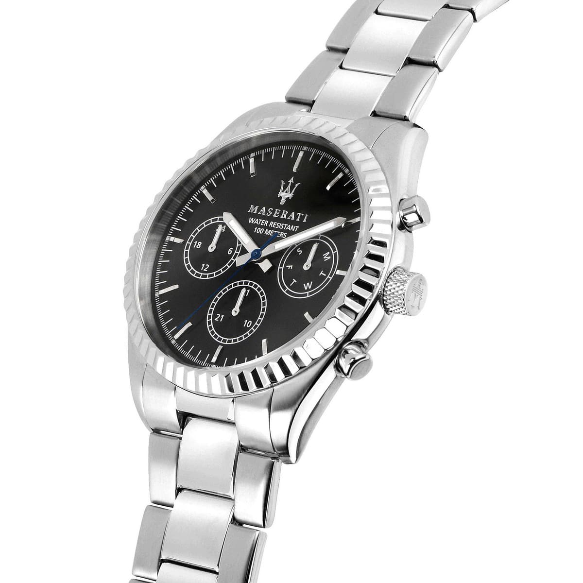 Right angled view of Maserati Competizione R8853100023 men's quartz battery watch highlighting fluted bezel and day-date sub-dial details