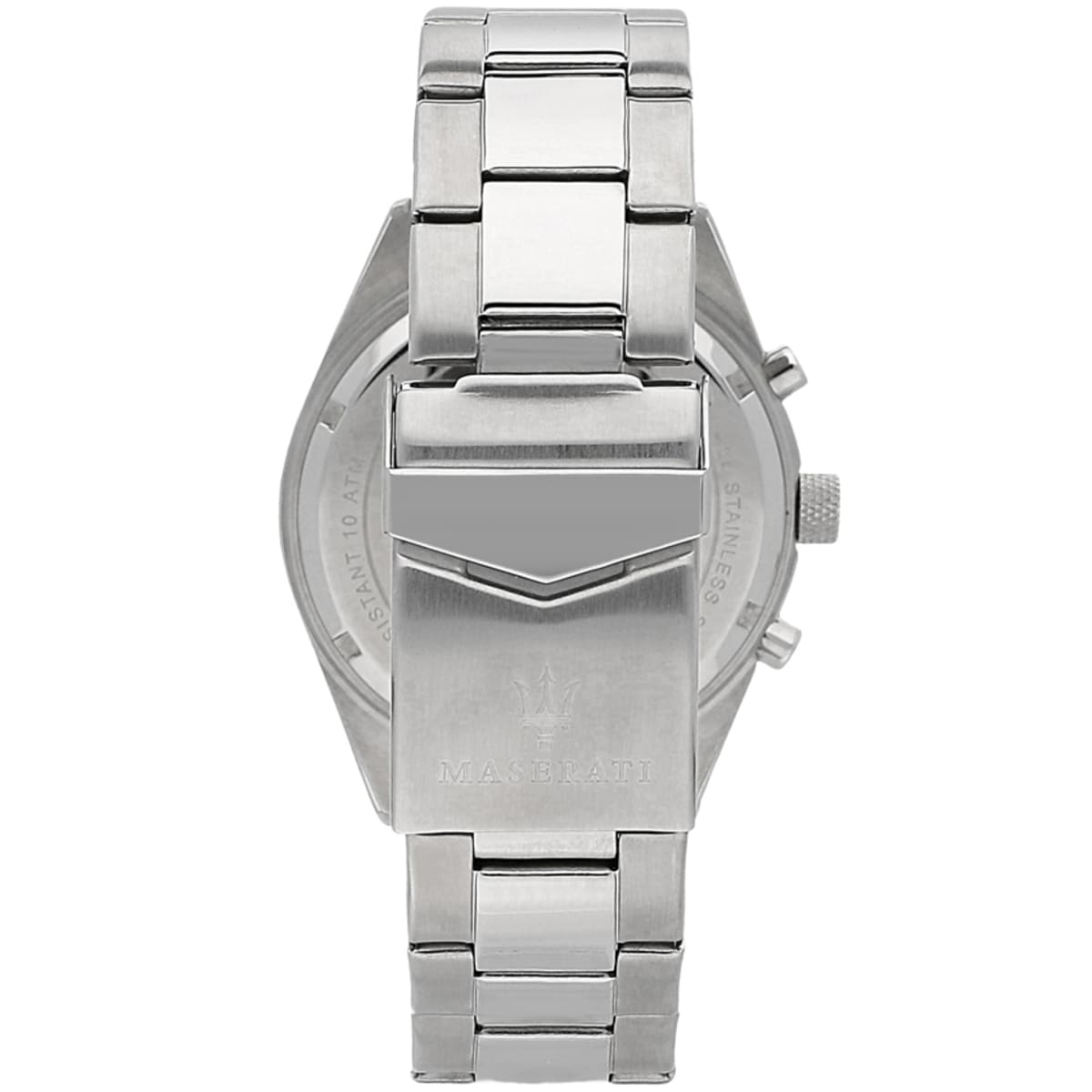 Silver-tone deployment clasp on Maserati Competizione R8853100023 men's quartz battery metal bracelet watch