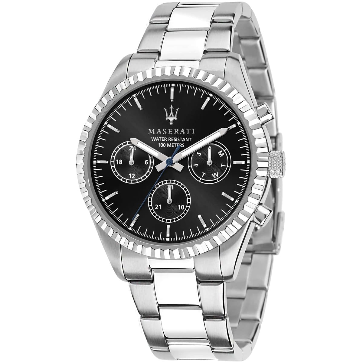 Maserati Competizione R8853100023 men's quartz battery watch with black multi-function dial, fluted bezel, silver-tone case, silver stainless steel bracelet main view
