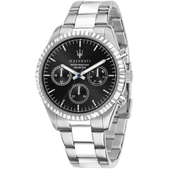 Maserati Competizione R8853100023 men's quartz battery watch with black multi-function dial, fluted bezel, silver-tone case, silver stainless steel bracelet main view