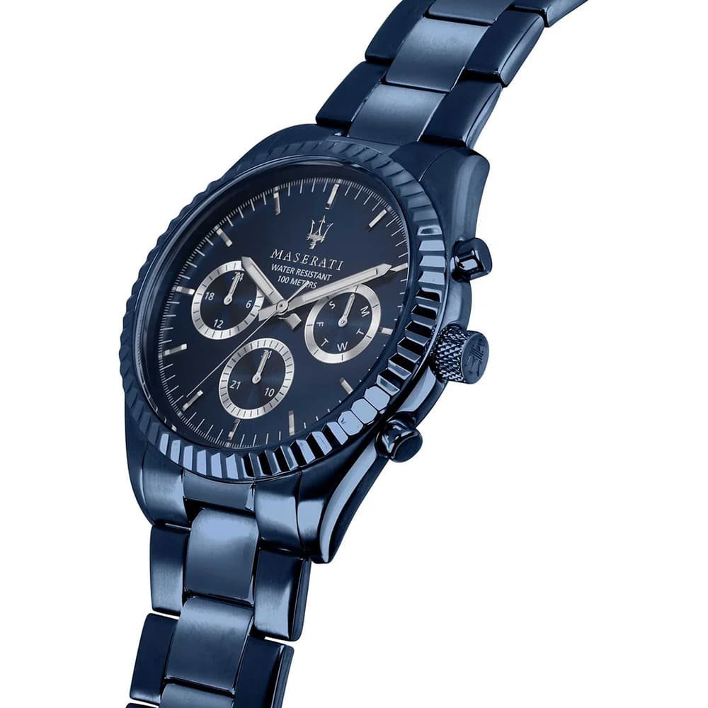 Right angled view of Maserati Competizione Blue Edition R8853100025 men's quartz battery watch highlighting blue fluted bezel and sub-dial details