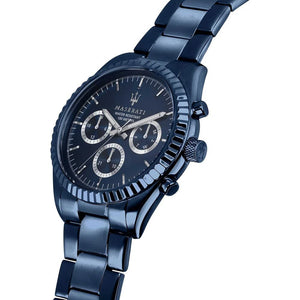 Right angled view of Maserati Competizione Blue Edition R8853100025 men's quartz battery watch highlighting blue fluted bezel and sub-dial details