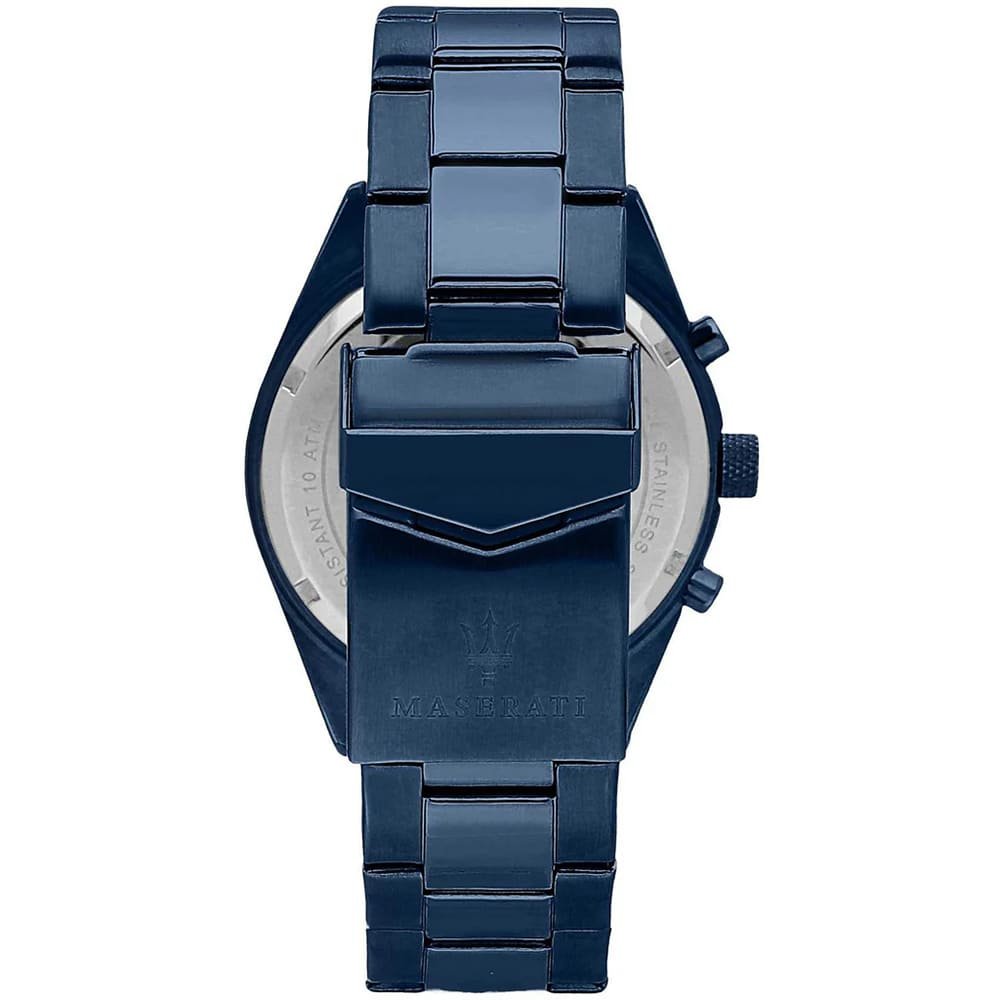 Blue-tone deployment clasp on Maserati Competizione Blue Edition R8853100025 men's quartz battery all-blue metal bracelet watch