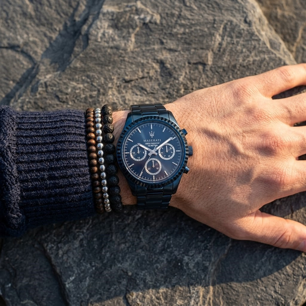 Close up of Maserati Competizione Blue Edition R8853100025 men's quartz battery watch on wrist showing all-blue finish and honeycomb dial