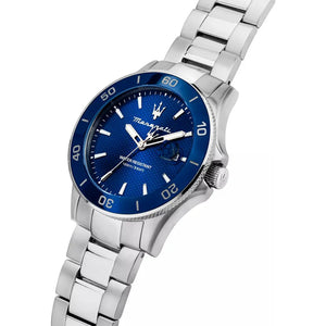 Left angled view of Maserati Competizione R8853100036 men's quartz battery watch showing silver stainless steel bracelet and case profile