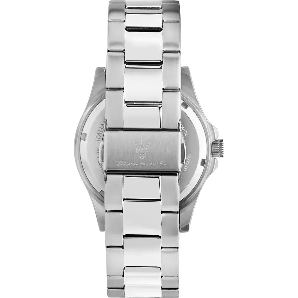 Silver-tone deployment clasp on Maserati Competizione R8853100036 men's quartz battery silver metal bracelet watch