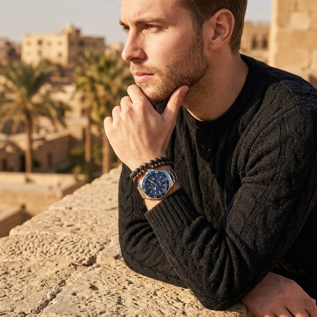 Elegant man wearing Maserati Competizione R8853100036 men's quartz battery watch with silver case and luxury blue dial