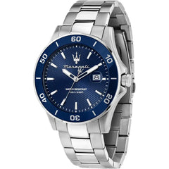Maserati Competizione R8853100036 men's quartz battery watch with blue honeycomb dial, blue bezel, silver-tone case and stainless steel bracelet main view