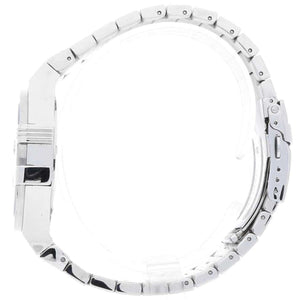 Right angled view of Maserati Potenza Corse R8853108002 men's quartz battery watch highlighting silver finish and Trident logo details