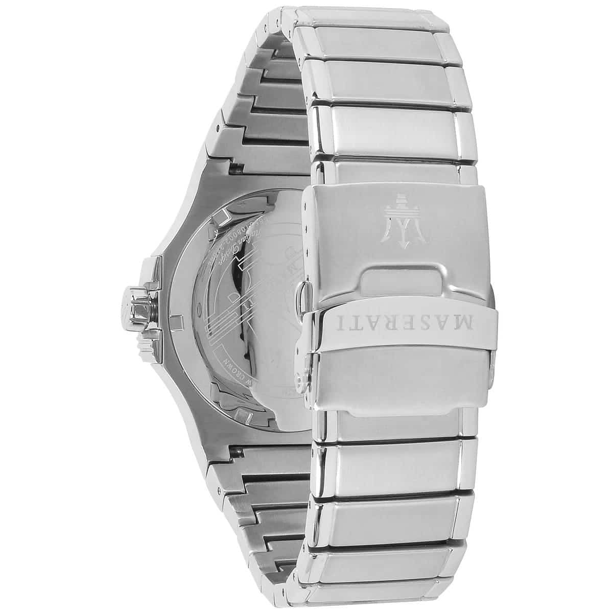 Silver-tone deployment clasp on Maserati Potenza Corse R8853108002 men's quartz battery silver metal bracelet watch