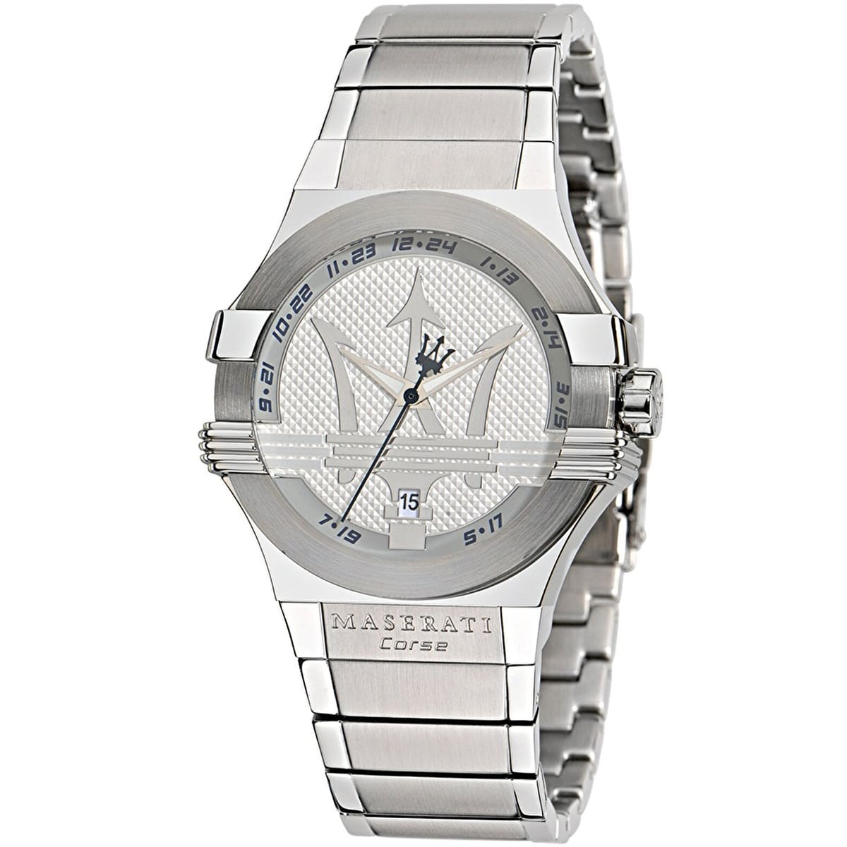 Maserati Potenza Corse R8853108002 men's quartz battery watch with silver waffle dial, silver-tone case, silver stainless steel bracelet main view