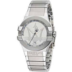 Maserati Potenza Corse R8853108002 men's quartz battery watch with silver waffle dial, silver-tone case, silver stainless steel bracelet main view
