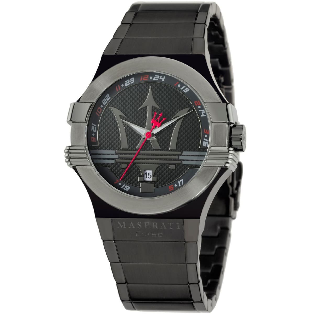 Maserati Potenza R8853108003 men's watch featuring all-black stainless steel design with large Trident logo on dial