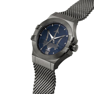 Right angled view of Maserati Potenza R8853108005 men's quartz battery watch highlighting grey finish and trident logo details