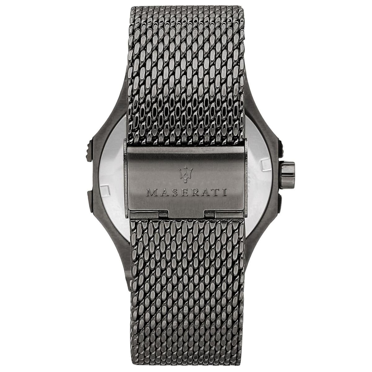 Caseback of Maserati Potenza R8853108005 men's quartz battery watch showing technical specs 100m water resistance and mesh strap