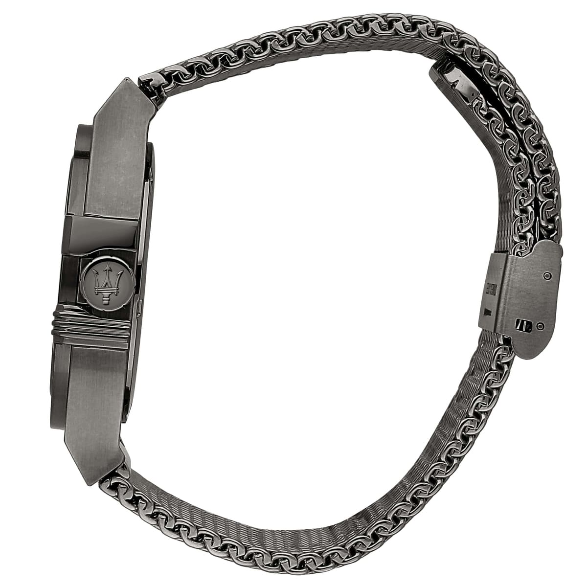 Detailed view of grey-tone crown on Maserati Potenza R8853108005 men's quartz battery watch with blue dial