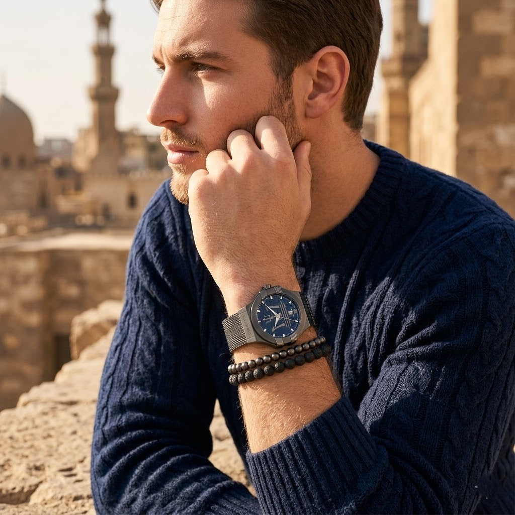 Elegant man wearing Maserati Potenza R8853108005 men's quartz battery watch with grey matte case and modern mesh strap