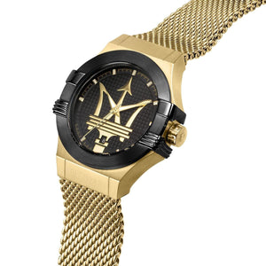 Left angled view of Maserati Potenza R8853108006 men's quartz battery watch showing gold mesh strap and matte case profile