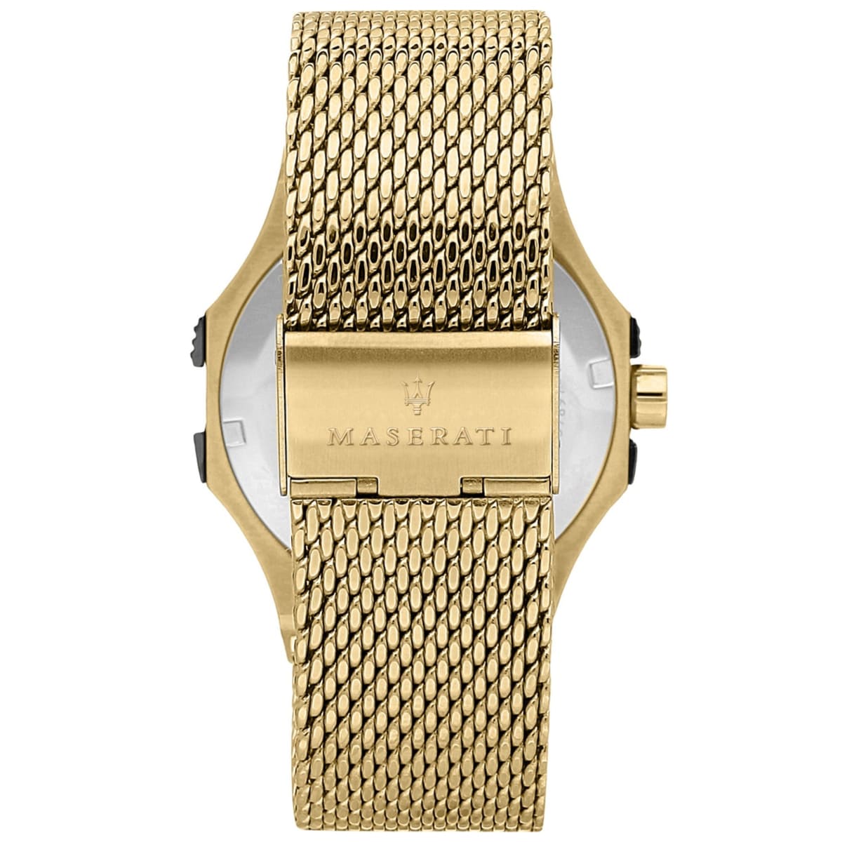 Caseback of Maserati Potenza R8853108006 men's quartz battery watch showing technical specs 100m water resistance and mesh strap