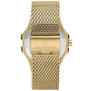 Caseback of Maserati Potenza R8853108006 men's quartz battery watch showing technical specs 100m water resistance and mesh strap