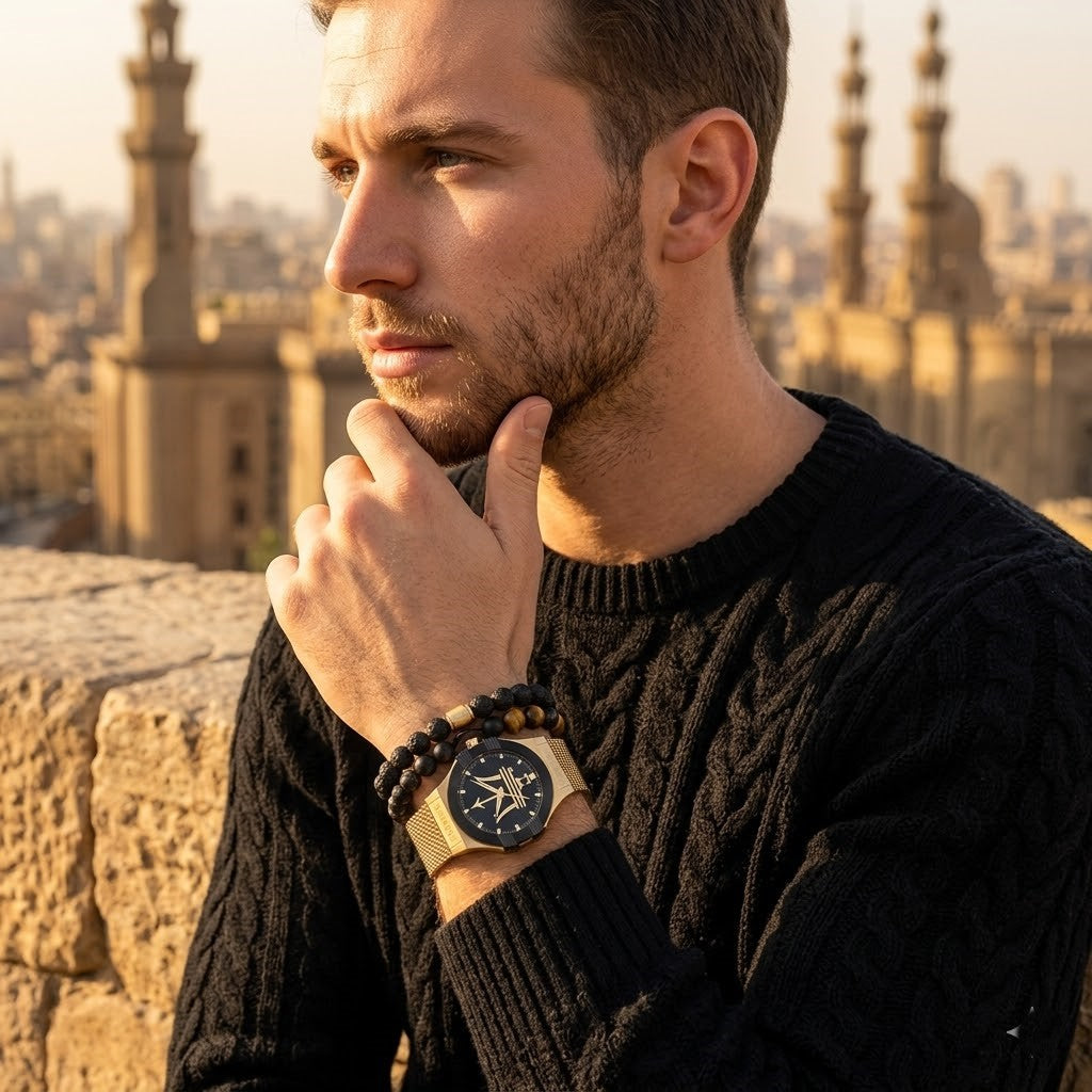 Elegant man wearing Maserati Potenza R8853108006 men's quartz battery watch with gold matte case and elite mesh strap
