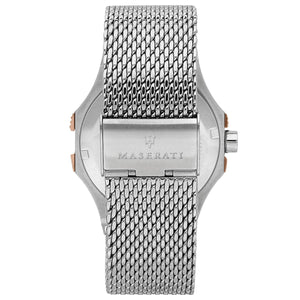 Silver-tone sliding buckle on Maserati Potenza R8853108007 men's quartz battery silver mesh strap watch