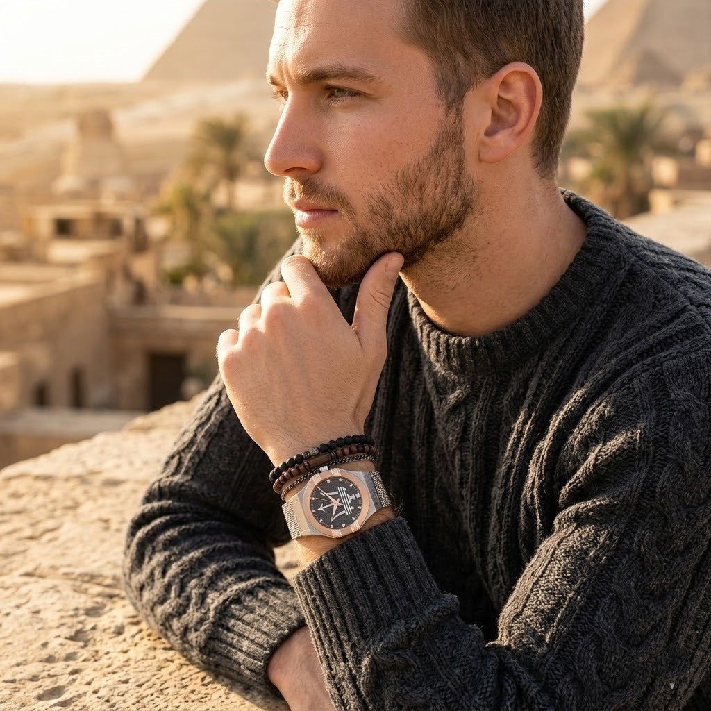 Elegant man wearing Maserati Potenza R8853108007 men's quartz battery watch with silver and rose gold case and luxury mesh strap