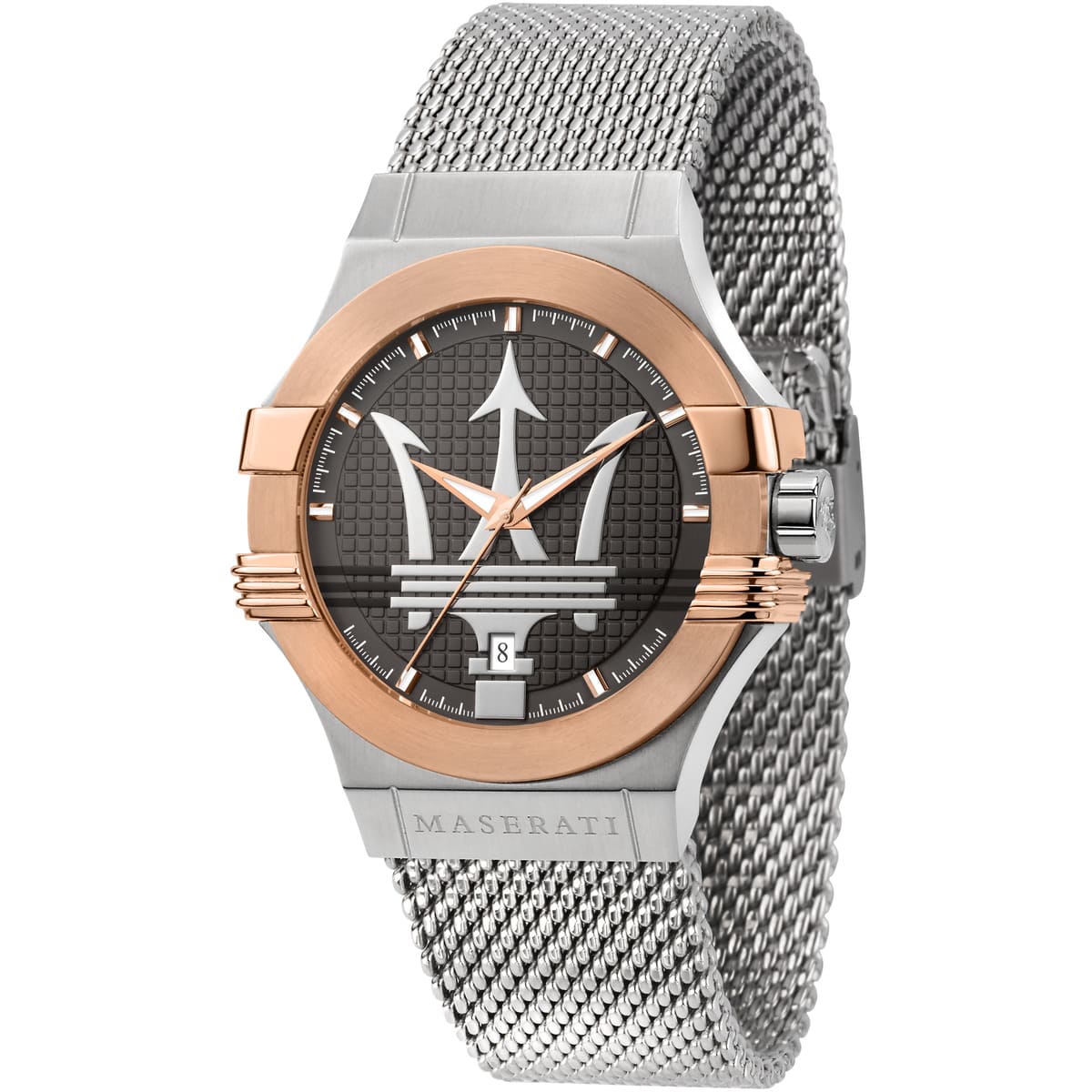 Maserati Potenza R8853108007 men's quartz battery watch with gray textured dial, oversized trident logo, rose gold-tone bezel, silver mesh strap main view