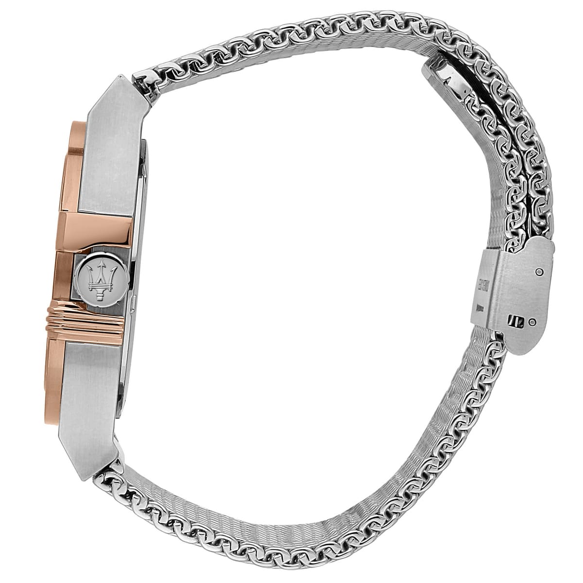 Side profile of Maserati Potenza R8853108007 men's quartz battery watch showing 10.5mm thickness and silver finish