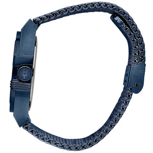 Left angled view of Maserati Potenza R8853108008 men's quartz battery watch showing blue mesh strap and blue-tone case profile