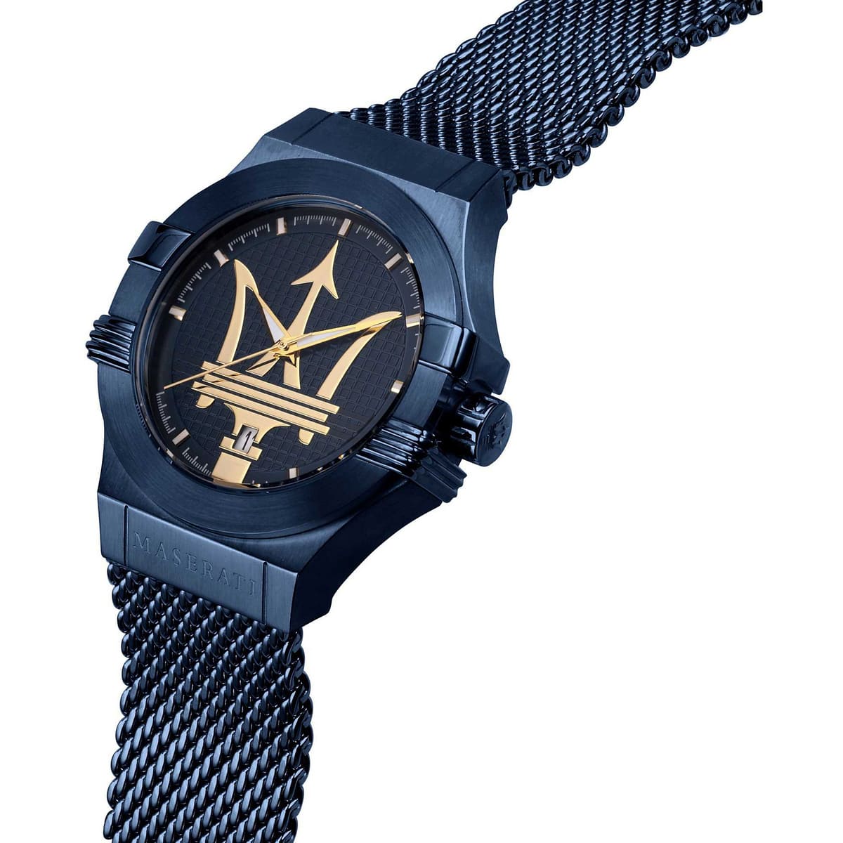 Right angled view of Maserati Potenza R8853108008 men's quartz battery watch highlighting blue finish and gold Trident details