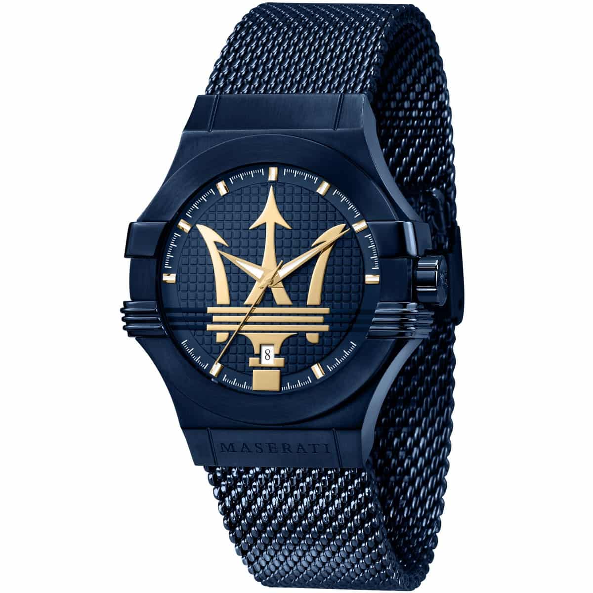 Maserati Potenza R8853108008 men's quartz battery watch with blue waffle dial, gold-tone Trident logo, blue-tone case, blue mesh strap main view