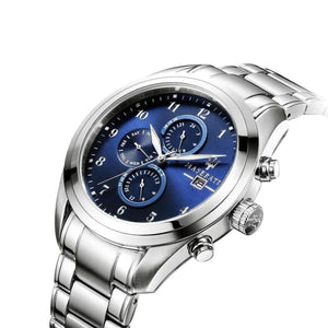 Left angled view of Maserati Traguardo R8853112505 men's quartz battery watch showing silver stainless steel bracelet and case profile