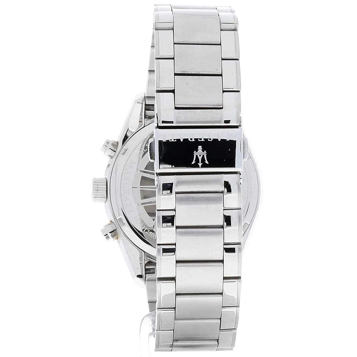 Silver-tone deployment clasp on Maserati Traguardo R8853112505 men's quartz battery silver metal bracelet watch
