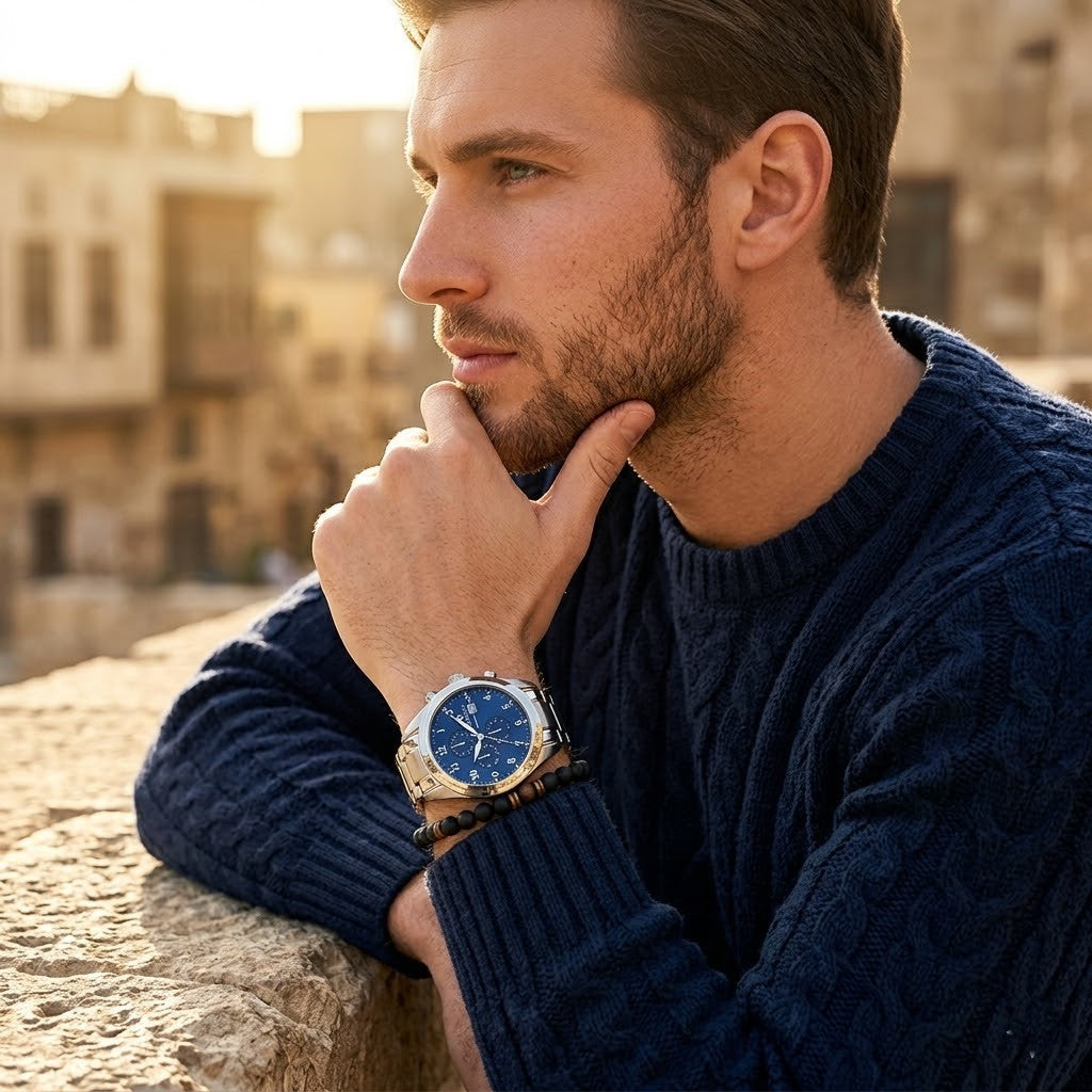 Elegant man wearing Maserati Traguardo R8853112505 men's quartz battery watch with silver case and luxury blue dial