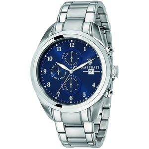 Maserati Traguardo R8853112505 men's quartz battery watch with blue sunray multi-function dial, silver-tone case and stainless steel bracelet main view