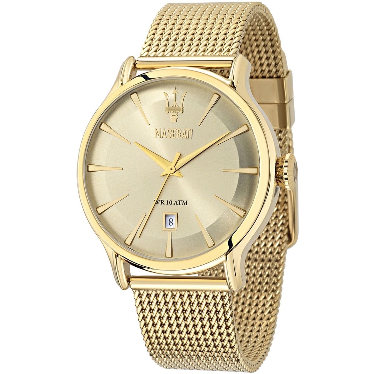 Maserati Epoca R8853118003 men's quartz battery watch with gold sunray dial, gold-tone case, gold stainless steel mesh strap main view