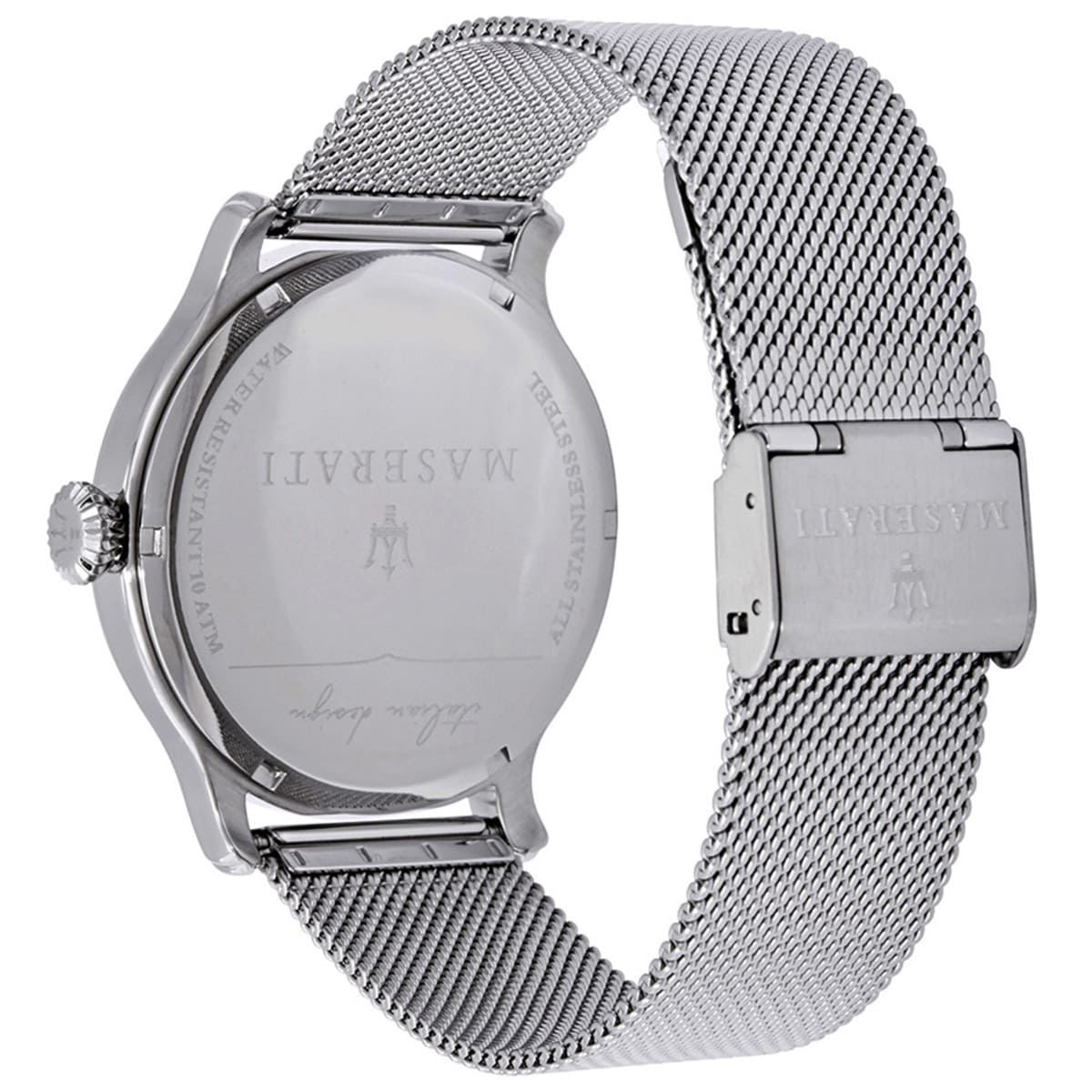 Caseback of Maserati Epoca R8853118006 men's quartz battery watch showing technical specs 50m water resistance and mesh strap