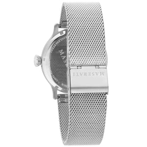 Silver-tone sliding buckle on Maserati Epoca R8853118006 men's quartz battery metal mesh strap watch