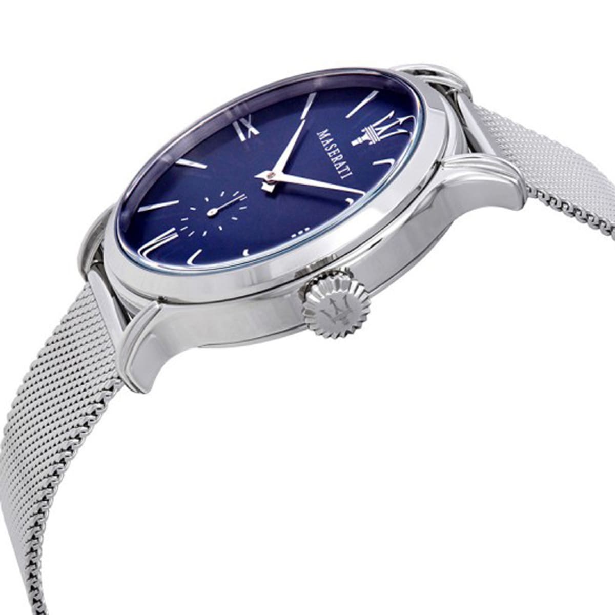 Detailed view of silver-tone textured crown on Maserati Epoca R8853118006 men's quartz battery watch with blue dial
