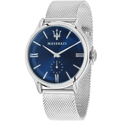 Maserati Epoca R8853118006 men's quartz battery watch with blue sunray dial, small seconds sub-dial, silver-tone case, silver mesh strap main view