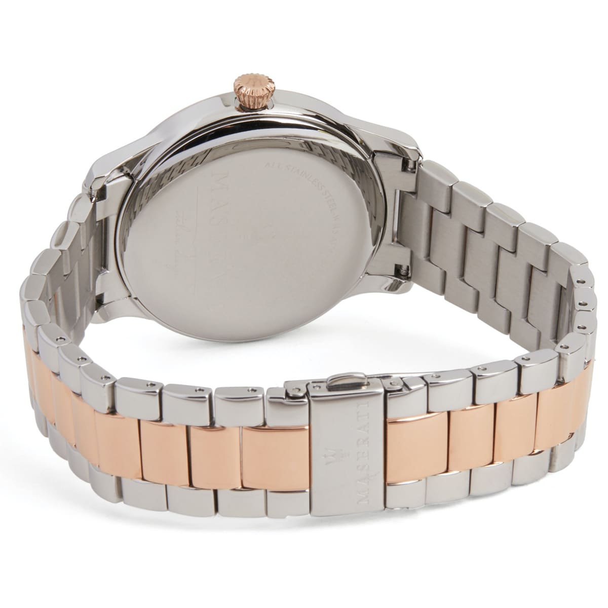 Caseback of Maserati Tradizione R8853125001 men's quartz battery watch showing technical specs 50m water resistance and metal bracelet