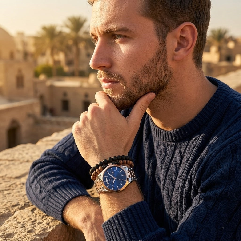 Elegant man wearing Maserati Tradizione R8853125001 men's quartz battery watch with two-tone case and luxury blue dial