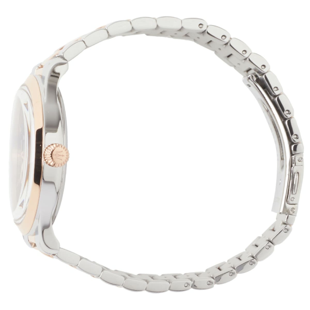 Side profile of Maserati Tradizione R8853125001 men's quartz battery watch showing 10mm thickness and rose gold crown