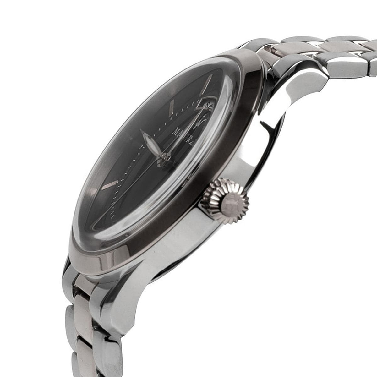 Right angled view of Maserati Tradizione R8853125002 men's quartz battery watch highlighting silver finish and day-date display details
