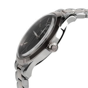 Right angled view of Maserati Tradizione R8853125002 men's quartz battery watch highlighting silver finish and day-date display details
