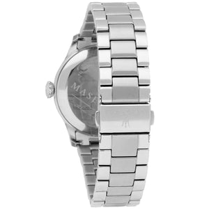 Caseback of Maserati Tradizione R8853125002 men's quartz battery watch showing technical specs 50m water resistance and metal bracelet