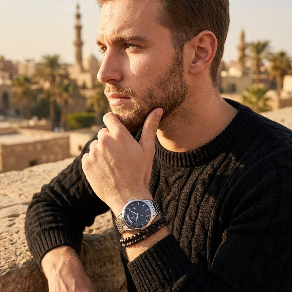 Elegant man wearing Maserati Tradizione R8853125002 men's quartz battery watch with silver-tone case and luxury black dial