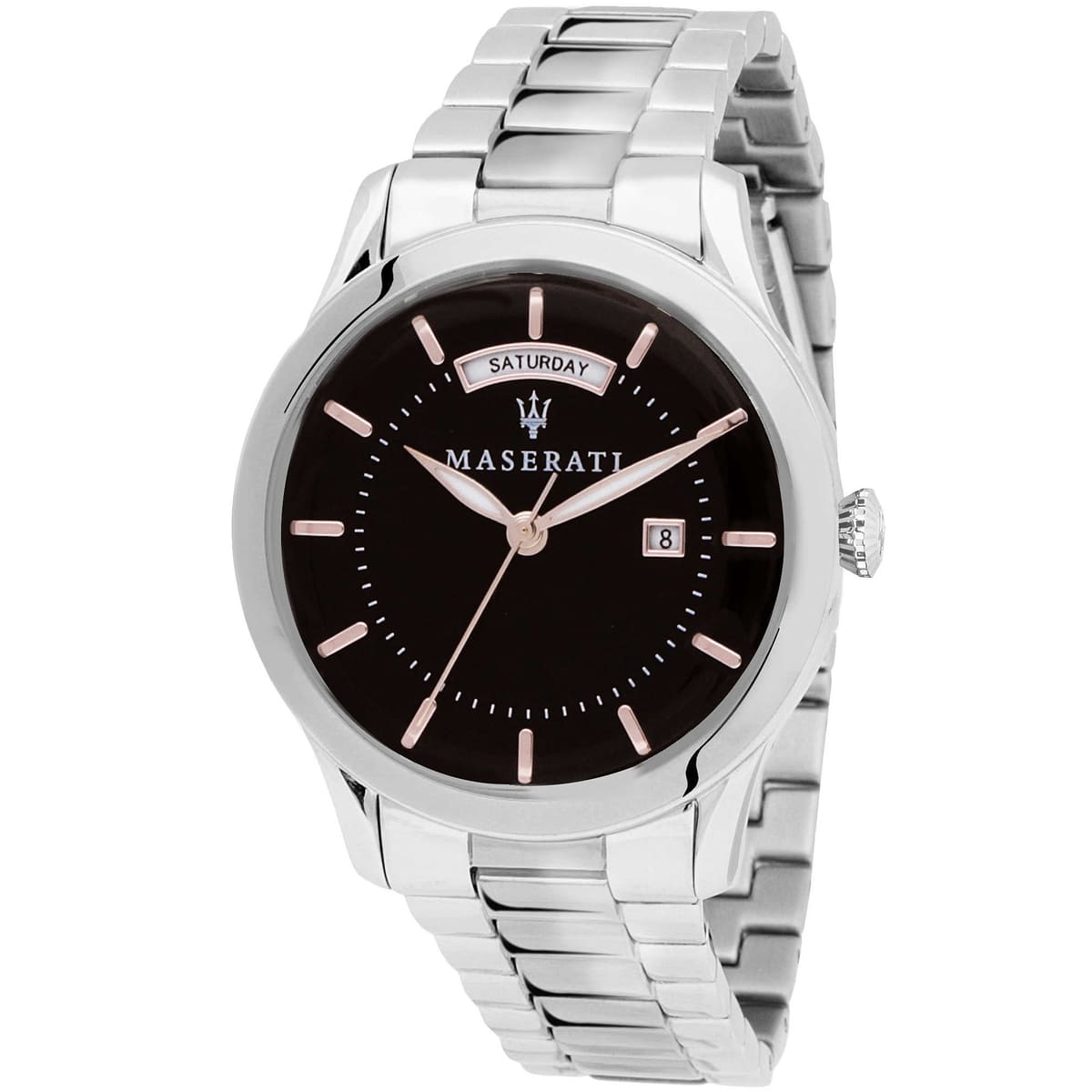 Maserati Tradizione R8853125002 men's quartz battery watch with black dial, silver-tone case, day-date function, silver stainless steel bracelet main view
