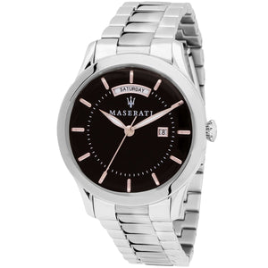 Maserati Tradizione R8853125002 men's quartz battery watch with black dial, silver-tone case, day-date function, silver stainless steel bracelet main view